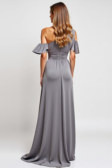 Off The Shoulder Grey Ruffled Sheath Bridesmaid Dress